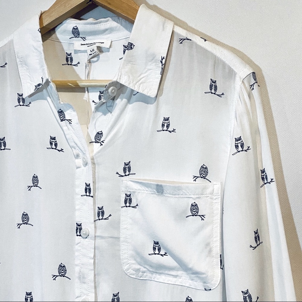 beachlunchlounge White and Blue Owl Print Button Down Shirt